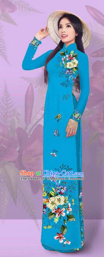 Top Grade Asian Vietnamese Costumes Classical Jing Nationality Printing Blue Cheongsam, Vietnam National Vietnamese Traditional Princess Ao Dai Dress for Women