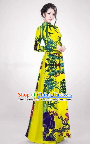 Traditional Top Grade Asian Vietnamese Costumes Classical Printing Bamboo Cheongsam, Vietnam National Vietnamese Princess Bride Ao Dai Dress Dance Clothing