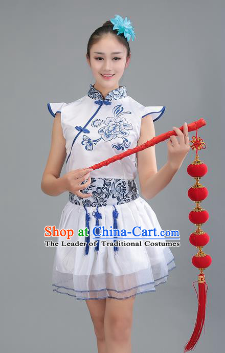 Top Grade Professional Compere Modern Dance Costume, Women Opening Dance Chorus Singing Group Uniforms Blue and White Porcelain Long Dress for Women