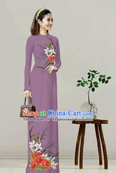 Traditional Top Grade Asian Vietnamese Costumes Classical Printing Purple Cheongsam, Vietnam National Vietnamese Bride Ao Dai Dress