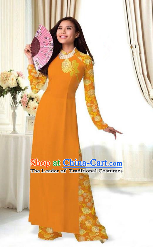 Top Grade Asian Vietnamese Costumes Classical Jing Nationality Printing Flower Ginger Cheongsam, Vietnam National Vietnamese Traditional Princess Ao Dai Dress