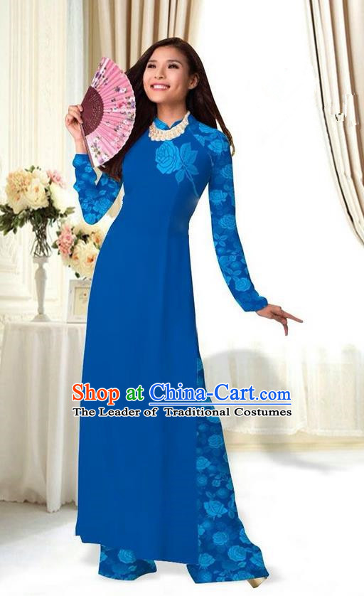 Top Grade Asian Vietnamese Costumes Classical Jing Nationality Printing Flower Royalblue Cheongsam, Vietnam National Vietnamese Traditional Princess Ao Dai Dress