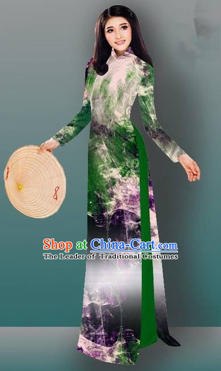 Top Grade Asian Vietnamese Costumes Classical Jing Nationality Gradient Watercolor Printing Green Cheongsam, Vietnam National Vietnamese Traditional Princess Ao Dai Dress