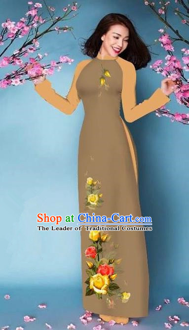 Top Grade Asian Vietnamese Costumes Classical Jing Nationality Printing Handmade Coffee Cheongsam, Vietnam National Vietnamese Bride Traditional Princess Ao Dai Dress