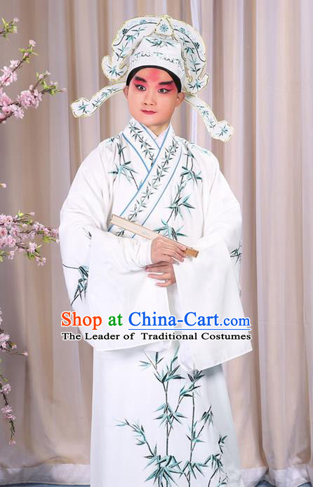 Traditional Chinese Beijing Opera White Dress Clothing, China Peking Opera Young Man Costume Embroidered Bamboo Leaf Robe Opera Costumes