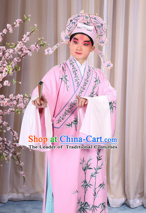 Traditional Chinese Beijing Opera Pink Dress Clothing, China Peking Opera Young Man Costume Embroidered Bamboo Leaf Robe Opera Costumes