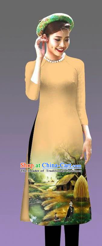 Top Grade Asian Vietnamese Costumes Classical Jing Nationality Landscape Painting Cheongsam, Vietnam National Vietnamese Bride Traditional Princess Khaki Ao Dai Dress