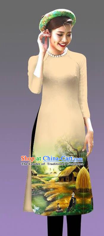 Top Grade Asian Vietnamese Costumes Classical Jing Nationality Landscape Painting Cheongsam, Vietnam National Vietnamese Bride Traditional Princess Yellow Ao Dai Dress