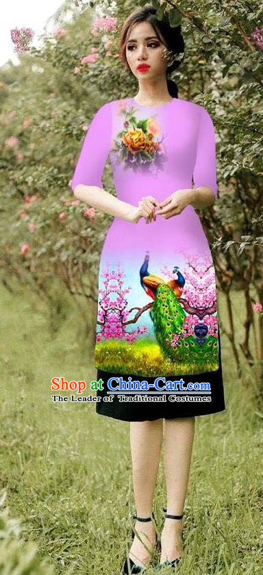 Top Grade Asian Vietnamese Costumes Classical Jing Nationality Peacock Pattern Short Cheongsam, Vietnam National Clothing Bride Traditional Pink Ao Dai Dress