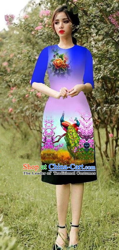 Top Grade Asian Vietnamese Costumes Classical Jing Nationality Peacock Pattern Short Cheongsam, Vietnam National Clothing Bride Traditional Royalblue Ao Dai Dress