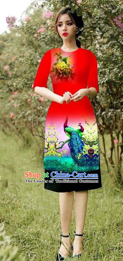 Top Grade Asian Vietnamese Costumes Classical Jing Nationality Peacock Pattern Short Cheongsam, Vietnam National Clothing Bride Traditional Red Ao Dai Dress