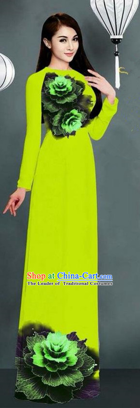 Top Grade Asian Vietnamese Costumes Classical Jing Nationality Printing Long Cheongsam, Vietnam National Clothing Bride Traditional Green Ao Dai Dress