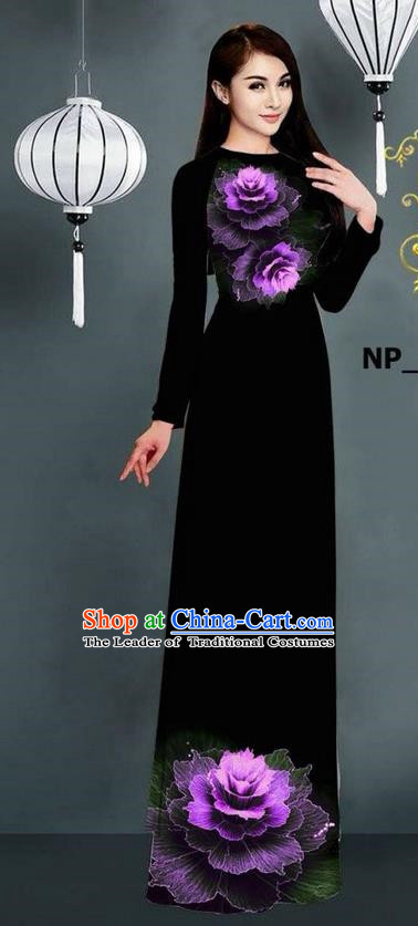 Top Grade Asian Vietnamese Costumes Classical Jing Nationality Printing Long Cheongsam, Vietnam National Clothing Bride Traditional Black Ao Dai Dress