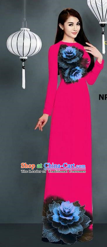 Top Grade Asian Vietnamese Costumes Classical Jing Nationality Printing Long Cheongsam, Vietnam National Clothing Bride Traditional Rosy Ao Dai Dress