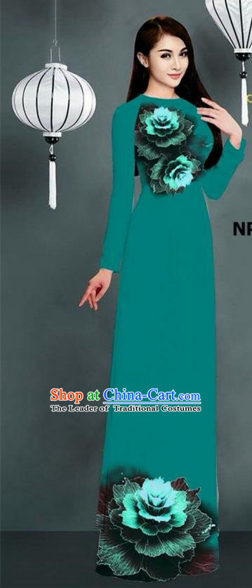 Top Grade Asian Vietnamese Costumes Classical Jing Nationality Printing Long Cheongsam, Vietnam National Clothing Bride Traditional Peacock Green Ao Dai Dress