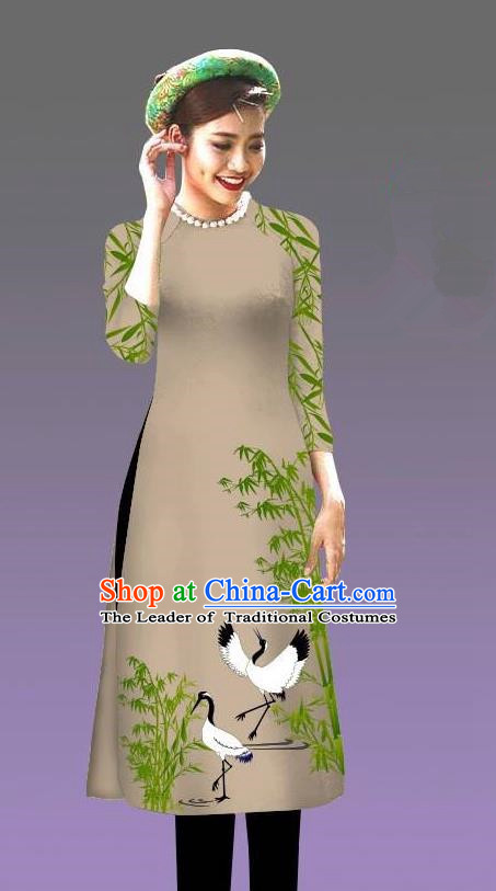 Top Grade Asian Vietnamese Costumes Classical Jing Nationality Crane Pattern Short Cheongsam, Vietnam National Clothing Bride Traditional Grey Ao Dai Dress