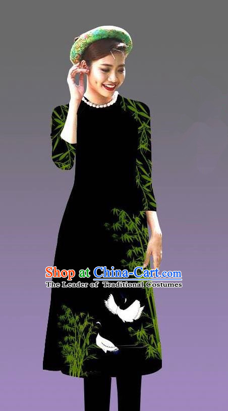 Top Grade Asian Vietnamese Costumes Classical Jing Nationality Crane Pattern Short Cheongsam, Vietnam National Clothing Bride Traditional Black Ao Dai Dress