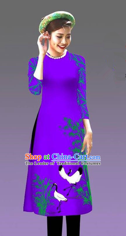 Top Grade Asian Vietnamese Costumes Classical Jing Nationality Crane Pattern Short Cheongsam, Vietnam National Clothing Bride Traditional Purple Ao Dai Dress