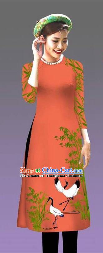 Top Grade Asian Vietnamese Costumes Classical Jing Nationality Crane Pattern Short Cheongsam, Vietnam National Clothing Bride Traditional Orange Ao Dai Dress