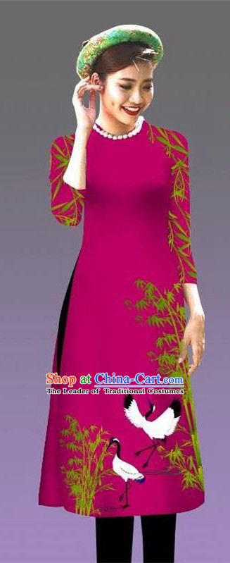 Top Grade Asian Vietnamese Costumes Classical Jing Nationality Crane Pattern Short Cheongsam, Vietnam National Clothing Bride Traditional Amaranth Ao Dai Dress