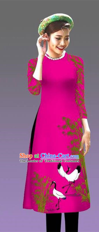 Top Grade Asian Vietnamese Costumes Classical Jing Nationality Crane Pattern Short Cheongsam, Vietnam National Clothing Bride Traditional Rosy Ao Dai Dress