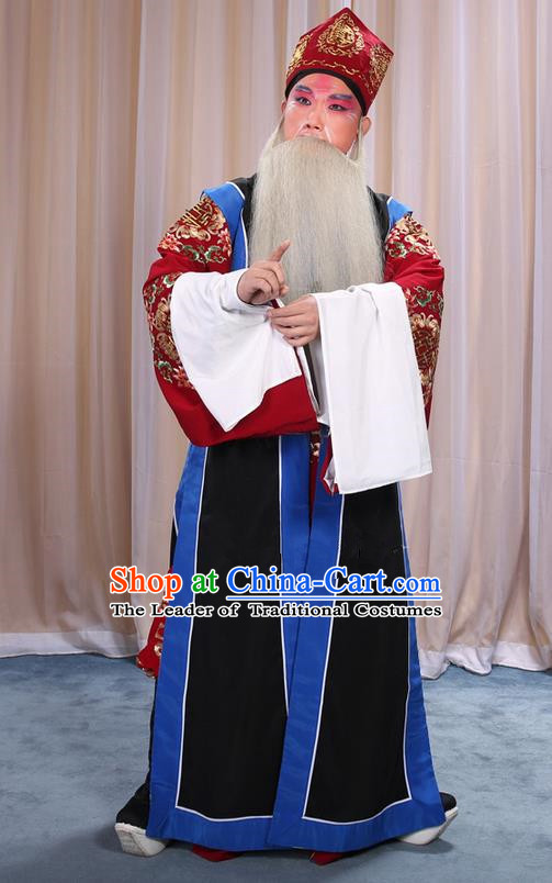 Traditional Chinese Beijing Opera Old Male Black Long Vest and Clothing Complete Set, China Peking Opera Laosheng-role Costume Embroidered Clothing Opera Costumes