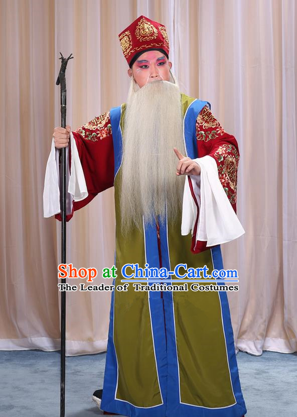 Traditional Chinese Beijing Opera Old Male Green Long Vest and Clothing Complete Set, China Peking Opera Laosheng-role Costume Embroidered Clothing Opera Costumes