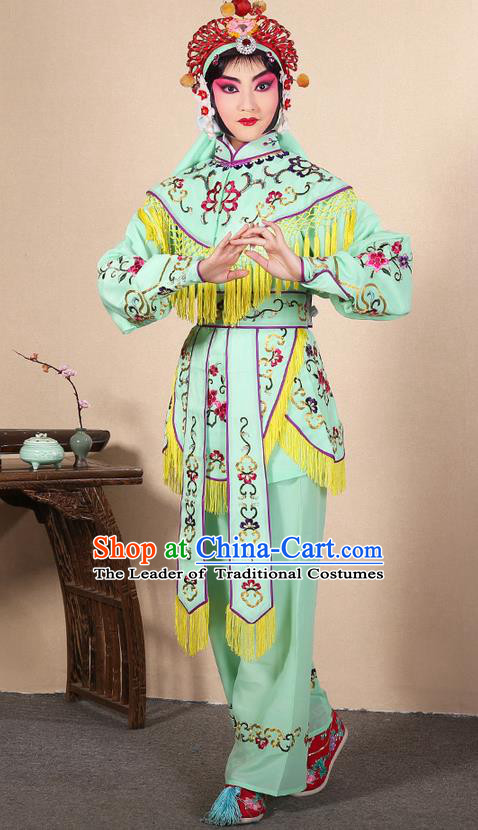 Traditional Chinese Beijing Opera Shaoxing Opera Magic Warriors Green Clothing and Shoes Complete Set, China Peking Opera Women Pawn Dress Costume Embroidered Opera Costumes