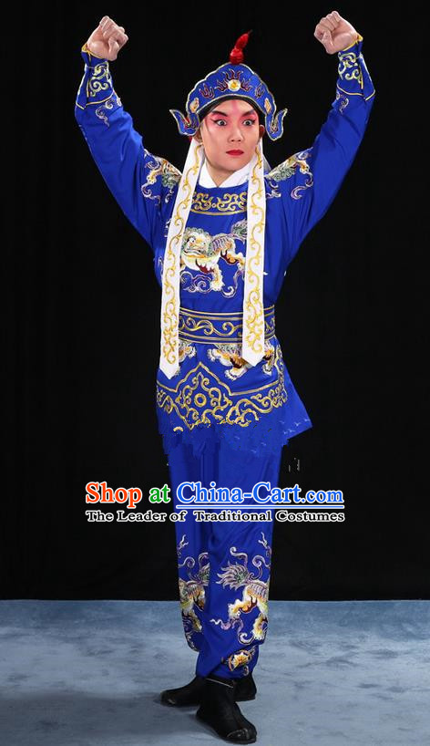 Traditional Chinese Beijing Opera Takefu Blue Clothing Complete Set, China Peking Opera Martial Role Costume Embroidered Opera Costumes