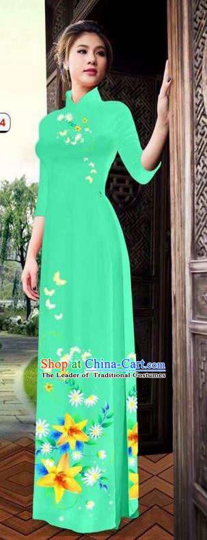 Top Grade Asian Vietnamese Clothing Classical Jing Nationality Long Cheongsam, Vietnam National Bride Traditional Printing Flowers Green Ao Dai Dress for Women