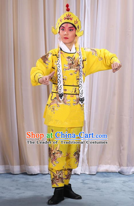 Traditional Chinese Beijing Opera Takefu Yellow Pawn Clothing Complete Set, China Peking Opera Martial Role Costume Embroidered Opera Costumes