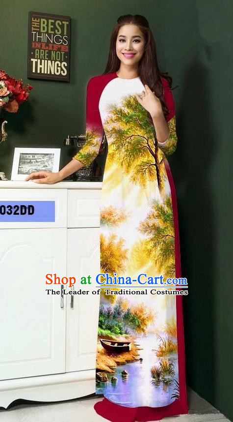 Top Grade Asian Vietnamese Clothing Classical Jing Nationality Handmade Cheongsam, Vietnam National Bride Traditional Printing Wine Red Ao Dai Dress for Women