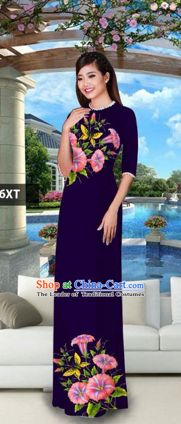 Traditional Top Grade Asian Vietnamese Jing Nationality Classical Ao Dai Dress, Vietnam National Bride Printing Deep Purple Cheongsam Costumes for Women