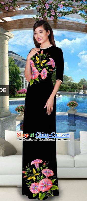 Traditional Top Grade Asian Vietnamese Jing Nationality Classical Ao Dai Dress, Vietnam National Bride Printing Black Cheongsam Costumes for Women