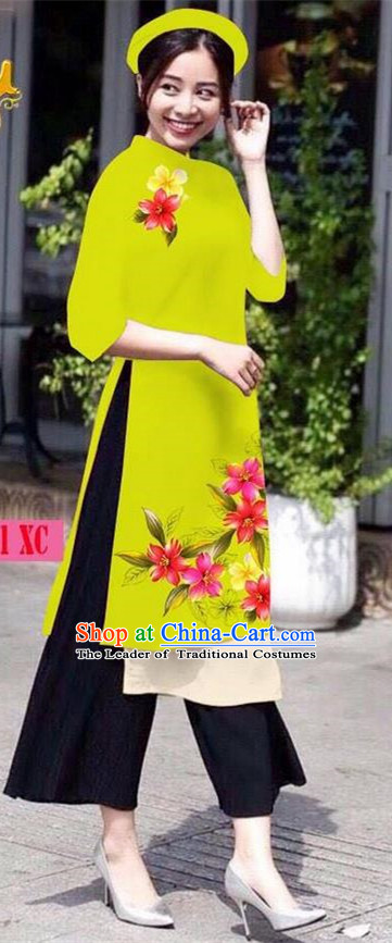 Traditional Top Grade Asian Vietnamese Jing Nationality Ha Festival Ao Dai Dress, Vietnam National Bride Printing Green Short Cheongsam Costumes for Women