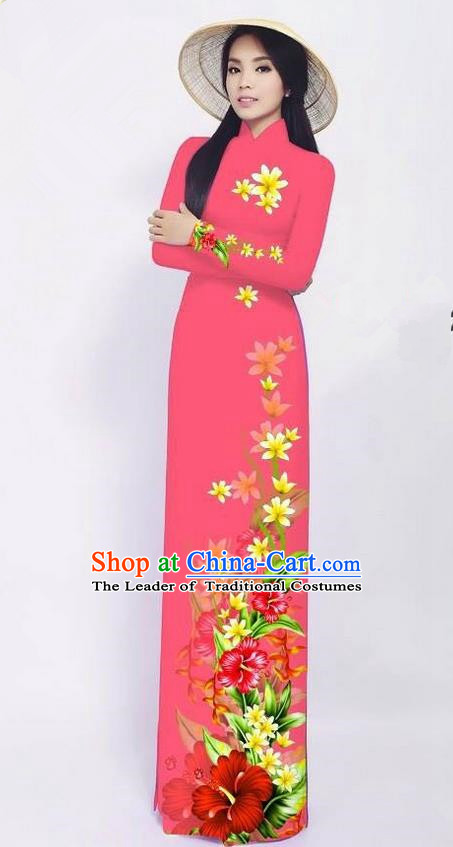 Traditional Top Grade Asian Vietnamese Jing Nationality Ha Festival Long Ao Dai Dress, Vietnam National Bride Printing Pink Cheongsam Costumes for Women