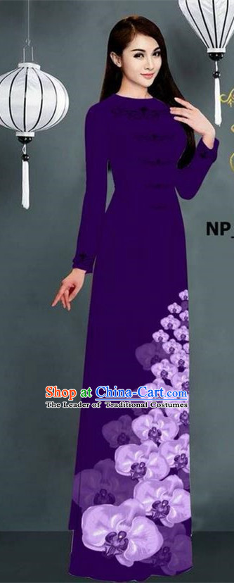 Traditional Top Grade Asian Vietnamese Jing Nationality Ha Festival Long Ao Dai Dress, Vietnam National Bride Printing Purple Stand Collar Cheongsam Costumes for Women