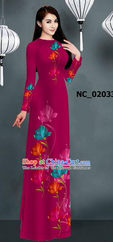 Traditional Top Grade Asian Vietnamese Jing Nationality Ha Festival Long Ao Dai Dress, Vietnam National Bride Printing Red Stand Collar Cheongsam Costumes for Women