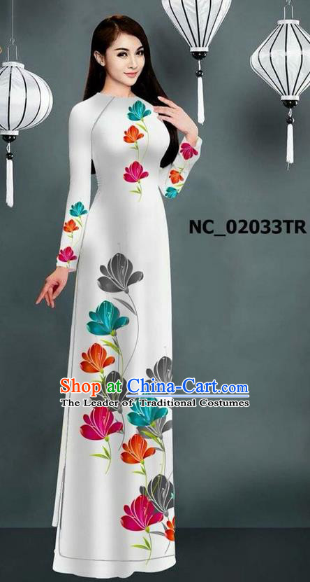 Traditional Top Grade Asian Vietnamese Jing Nationality Ha Festival Long Ao Dai Dress, Vietnam National Bride Printing White Stand Collar Cheongsam Costumes for Women