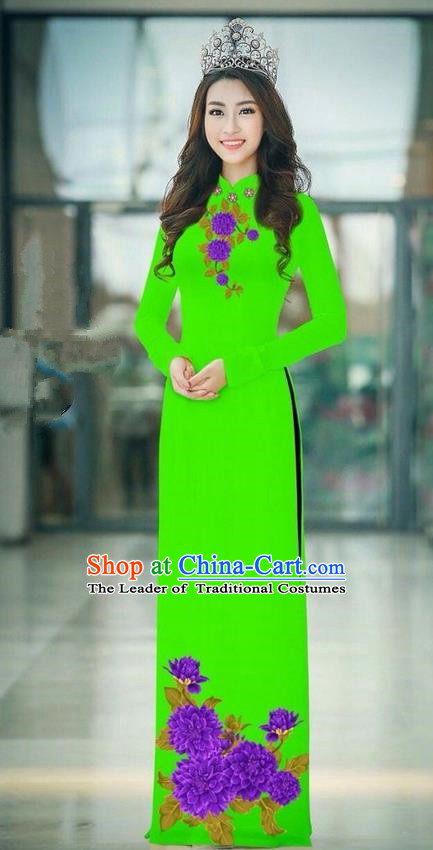 Traditional Top Grade Asian Vietnamese Ha Festival Green Long Ao Dai Dress, Vietnam National Jing Nationality Printing Cheongsam Costumes for Women