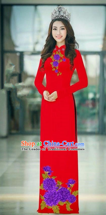 Traditional Top Grade Asian Vietnamese Ha Festival Red Long Ao Dai Dress, Vietnam National Jing Nationality Printing Cheongsam Costumes for Women