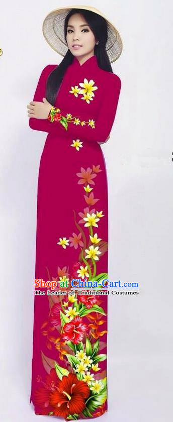 Traditional Top Grade Asian Vietnamese Ha Festival Long Ao Dai Dress and Pants, Vietnam National Jing Nationality Printing Red Cheongsam Costumes for Women