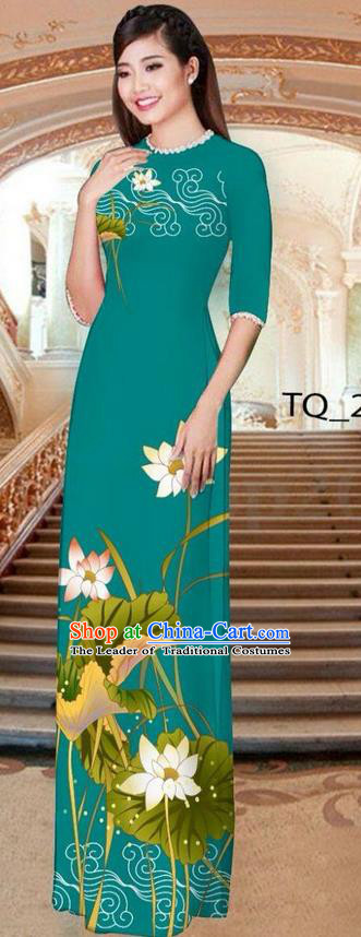 Traditional Top Grade Asian Vietnamese Ha Festival Long Green Ao Dai Dress, Vietnam National Jing Nationality Printing Lotus Cheongsam Costumes for Women