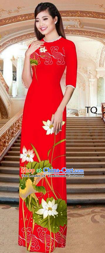 Traditional Top Grade Asian Vietnamese Ha Festival Long Red Ao Dai Dress, Vietnam National Jing Nationality Printing Lotus Cheongsam Costumes for Women