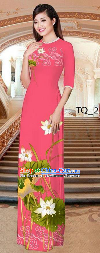 Traditional Top Grade Asian Vietnamese Ha Festival Long Pink Ao Dai Dress, Vietnam National Jing Nationality Printing Lotus Cheongsam Costumes for Women