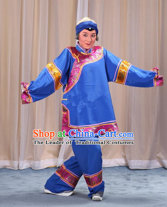 Traditional Chinese Beijing Opera Old Female Blue Clothing and Shoes Headwear Complete Set, China Peking Opera Woman Matchmaker Costume Embroidered Opera Costumes