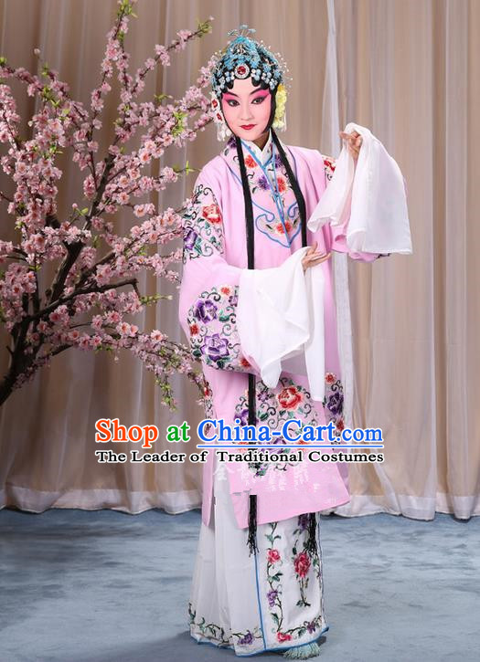 Traditional Chinese Beijing Opera Shaoxing Opera Young Female Pink Clothing and Headwear Shoes Complete Set, China Peking Opera Diva Role Hua Tan Costume Embroidered Opera Bride Costumes