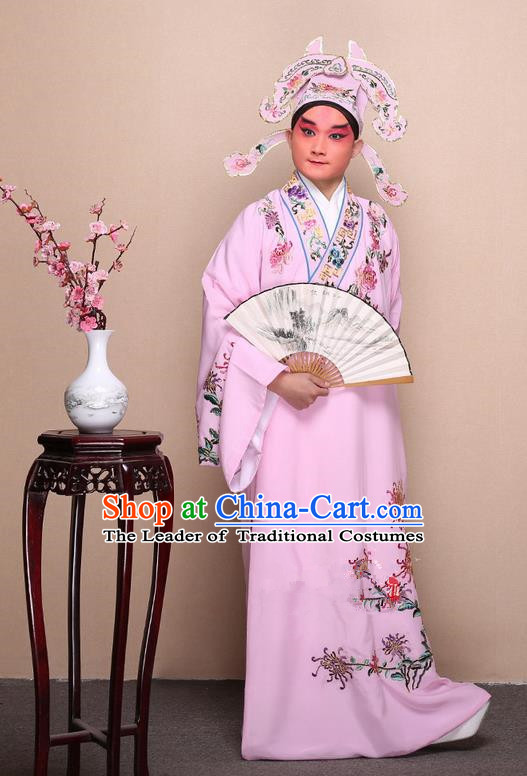 Traditional Chinese Beijing Opera Niche Pink Dress Clothing Complete Set, China Peking Opera Young Man Costume Embroidered Chrysanthemum Robe Opera Costumes