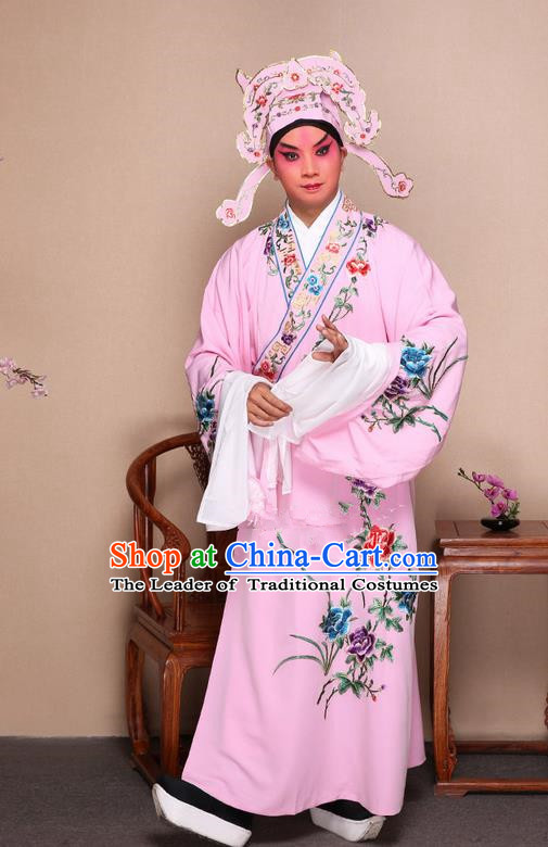 Traditional Chinese Beijing Opera Niche Pink Dress Clothing and Boots Fan Complete Set, China Peking Opera Gifted Youth Man Costume Embroidered Robe Opera Costumes