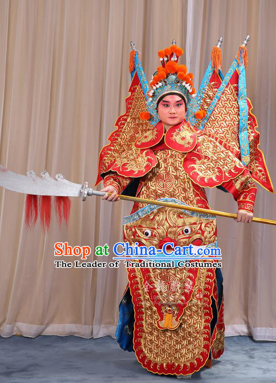 Traditional Chinese Beijing Opera Military Officer Armour Red Clothing and Boots Complete Set, China Peking Opera Martial General Role Costume Embroidered Opera Tiger Head Costumes